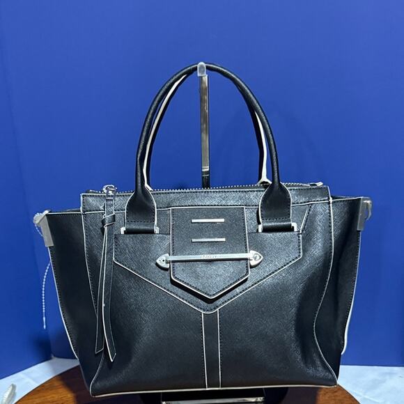 Botkier NY leather structured satchel purse black white trim removable strap - Picture 1 of 7